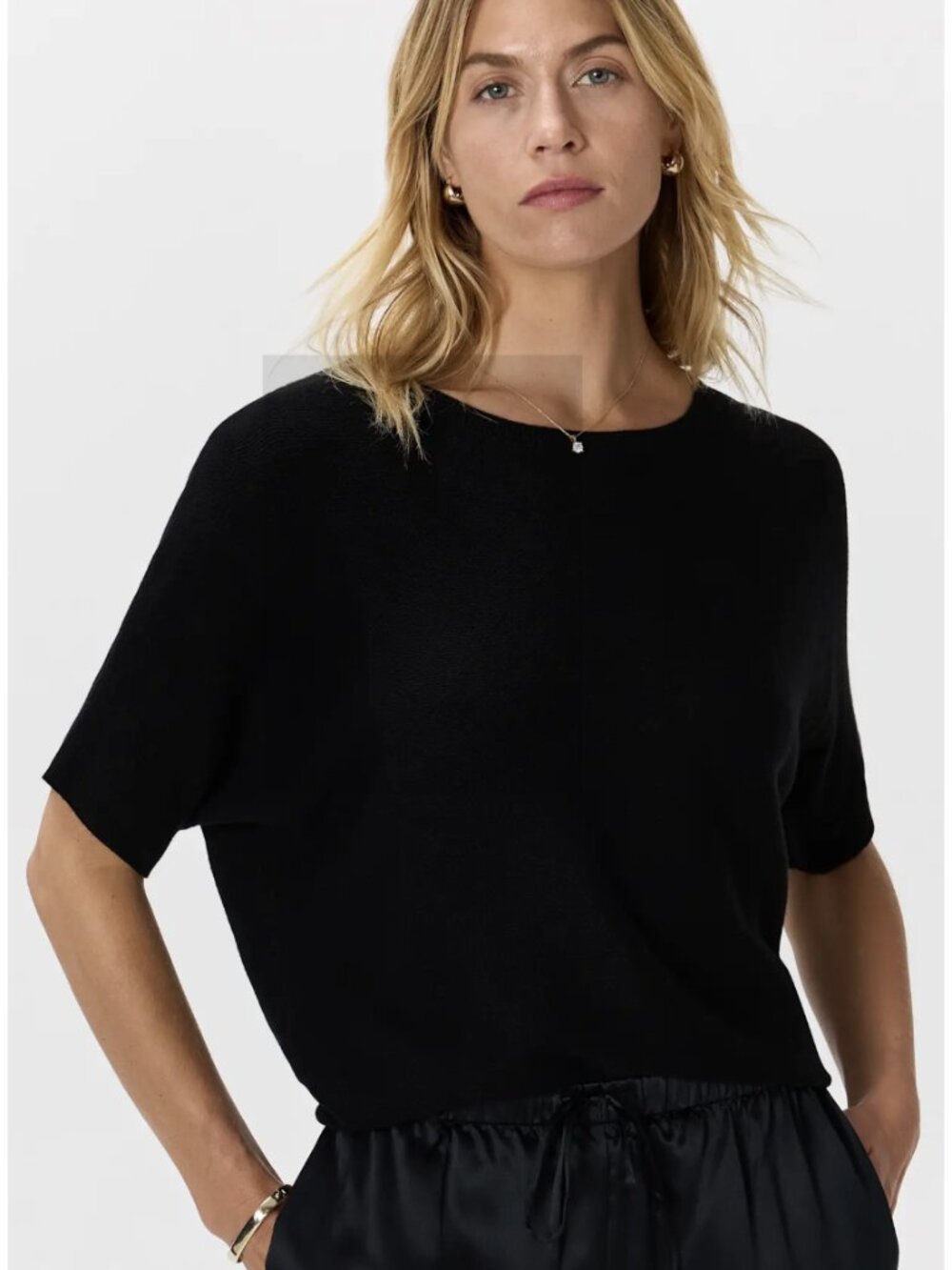 QUINCE Lightweight Cotton Cashmere Link-Stitch Dolman Sweater Black Large